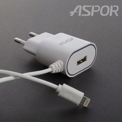 СЗУ Aspor A802  (1USB/1A) LED + USB кабель Lightning- белый