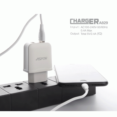 СЗУ Aspor A829 (2USB/2.4A) + USB кабель Type-C- белый